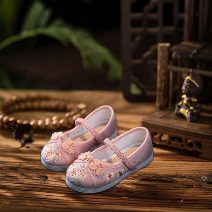 Pink Chinese Old Beijing Girl Child Embroidered Cloth Floral Shoes Hanfu Dance Shoes - Aimall