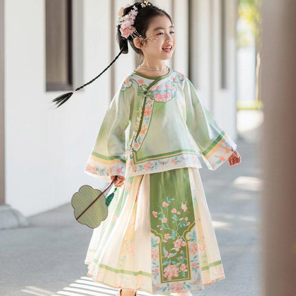 Spring Chinese Style Hanfu Girls Modified Tang Suit Two-Piece Colourful Set