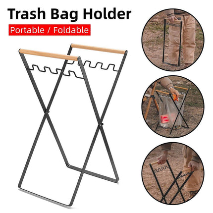Outdoor Portable Wooden Folding Garbage Rack Picnic Barbecue Plastic Bag Holder