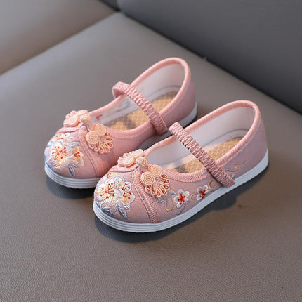Pink Chinese Old Beijing Girl Child Embroidered Cloth Floral Shoes Hanfu Dance Shoes - Aimall