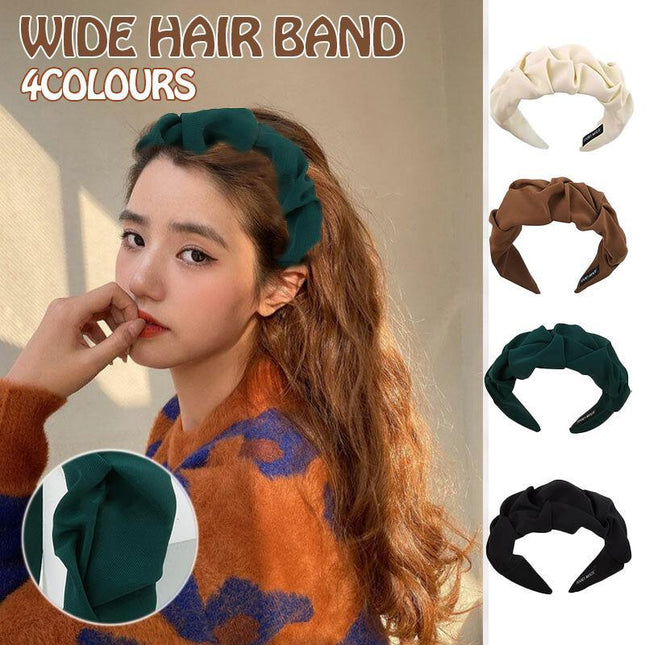 Women Fashionable Vintage Ruffled Wide Edge Solid Colour Hair Band Hoop Headband - Aimall