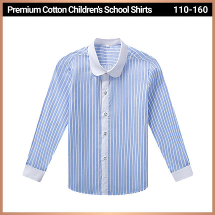 Blue Stripe Children's White Unisex Long Sleeve Cotton Shirt for Kids Boys Girls 3-10Yrs - Aimall