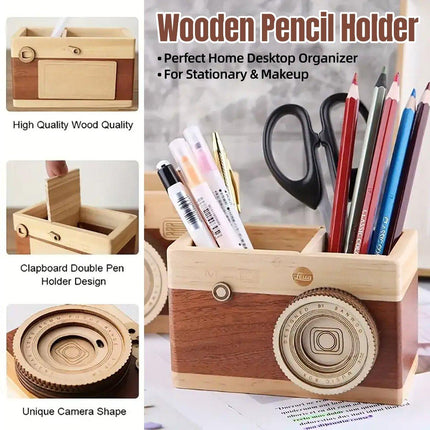 Vintage Wooden Camera Pen Holder Handmade Retro Gift Box Graduation Souvenir