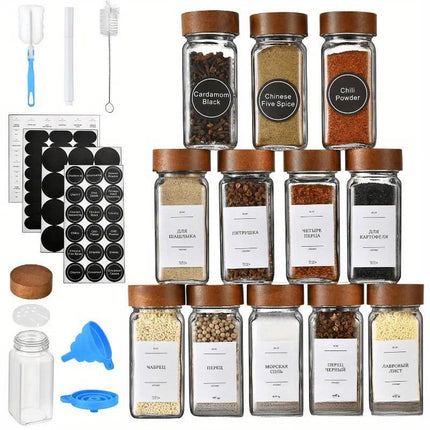 12pcs Square Glass Spice Jars Clear Storage Containers Kitchen Spice Organizing