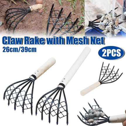2X Clam Rake Net 5Claw Wood Handle Rake Shell Digging Tool Dig Seafood Tool