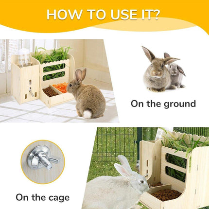 Wooden Feeder Stand Rabbit Guinea Chinchilla Food Basin Multi-Function Kettle