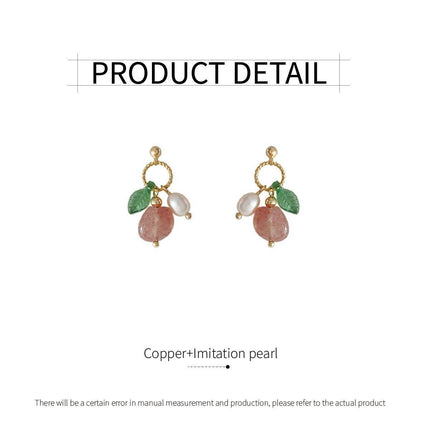 Unique Geometric Strawberry Crystal Green Leaf Earrings with Imitation Pearls