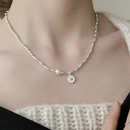 Handmade S925 Silver Bamboo Link Medallion Pearl Pendant Necklace INS Style Jewelry