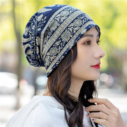 Ethnic Style Cotton Flower Stripe Pullover Cap Dual Purpose Turban Hat for Women