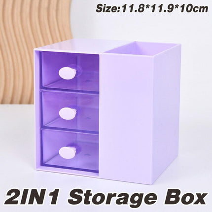 2IN1 Pumping Pen Container Storage Box Cosmetic Drawer Office Organizer Box
