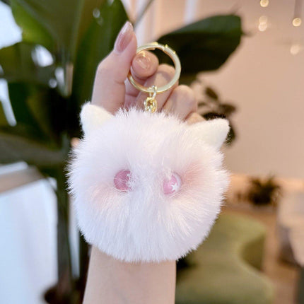 Plush Kitten Head Cartoon Keychain Rabbit Hair Pompom Keyring Bag Ornaments Gift - Aimall