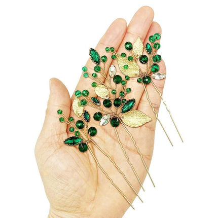 Wedding Bridal U Shaped Hairpins Emerald Green Leaf Bun Clips Women Rhinestone