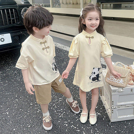Short Sleeve Panda Print Dress Summer Outfit with Mandarin Collar for Girls