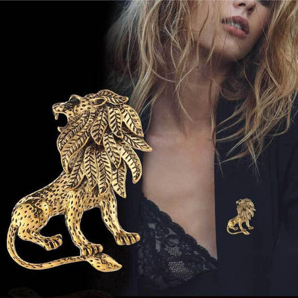 Large Antique Gold Plated Lion King Style Fashion Statement Brooch Textured Mane - Aimall