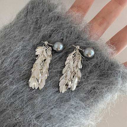 Gray Leaf Tassel Earrings pearl stud Sparkling Fashion Jewelry Women Gifts