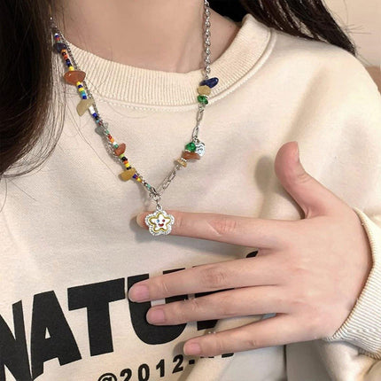 Colourful Flower Smiley Necklace Collarbone Chain Cheerful Women Accessory