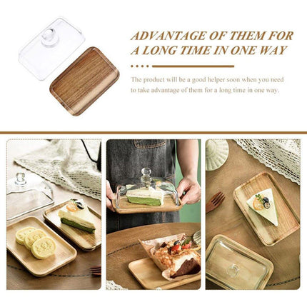 Wooden Square Cake Tray Dessert Tea Tray with Glass Cover Snack Patisserie Plate
