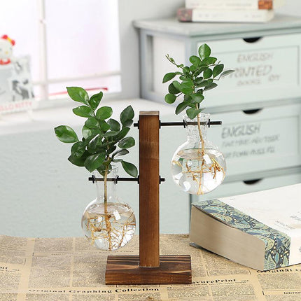 Wooden Stand Glass Flower Vase Hydroponic Hanging Plant Terrarium Container - Aimall