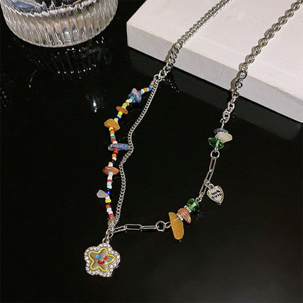 Colourful Flower Smiley Necklace Collarbone Chain Cheerful Women Accessory