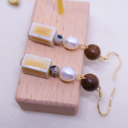 Ceramic Round Cake Earrings Wooden Bead Design Lightweight Jewellery for Women