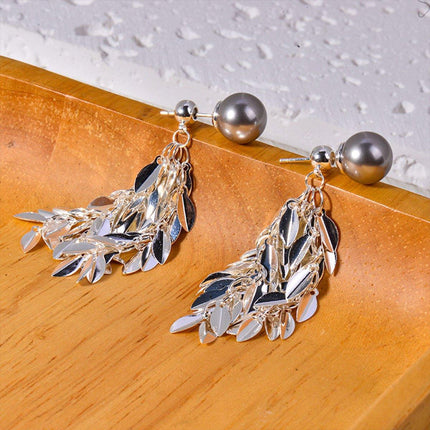 Gray Leaf Tassel Earrings pearl stud Sparkling Fashion Jewelry Women Gifts