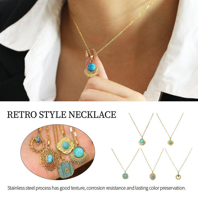 Natural Blue Stone Pendant Necklace Vintage Carved Geometric Jewelry Gift