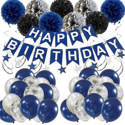 47pcs Blue Birthday Banner Balloon Set Party Decoration Blue Silver Paper Flower