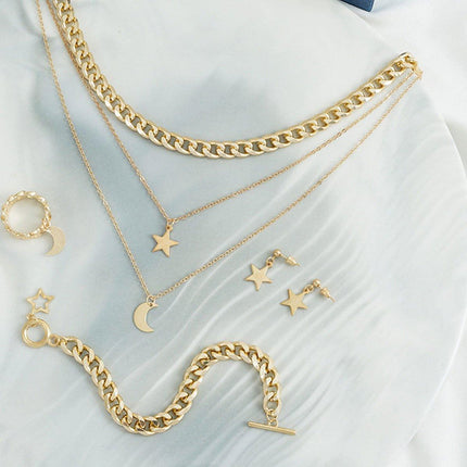 Moon Stars Pendant Necklace Bracelet Ring Earrings Jewelry Set Women Gift