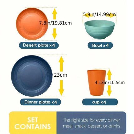 16Pcs Wheat Straw Dinnerware Serving Set Unbreakable Tableware Plates Microwave