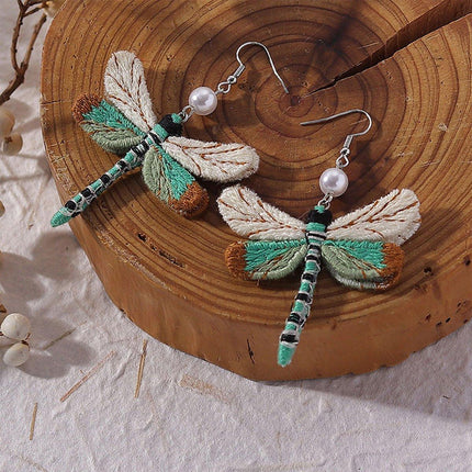 Vintage Dragonfly Earrings Ethnic Fabric Dangle Jewelry for Women Fashion