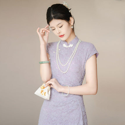 New Chinese Purple Cheongsam Dress Summer Modified Fishtail Dress for Women