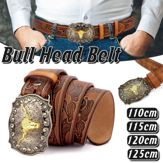 Retro Punk Belt with Cow Head Large Plate Buckle Trendy Western Waist Strap