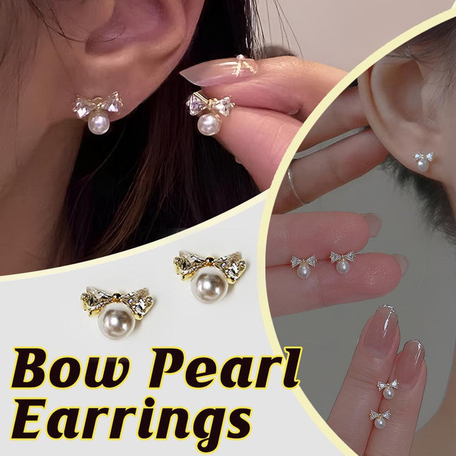 White Zircon Crystal Pearl Bow Tie Stud Earrings Elegant Best Gift for Women - Aimall