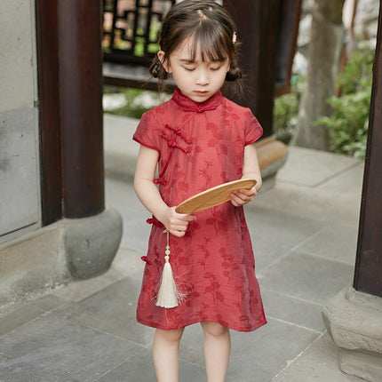 Summer Cotton Cheongsam Dress Girls Retro Solid Color Fashion Solid Color Dress - Aimall