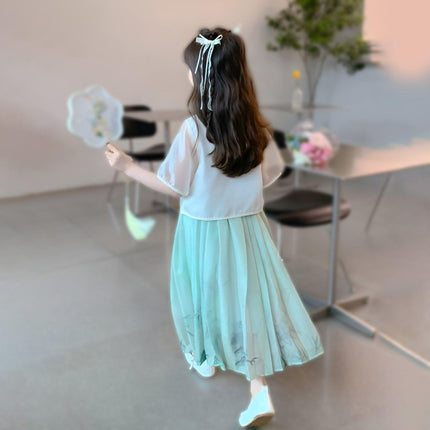 Girls Short Sleeve Dress Chinese Style Skirt Traditional Summer Outfit