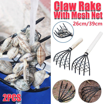2X Clam Rake Net 5Claw Wood Handle Rake Shell Digging Tool Dig Seafood Tool