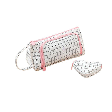 Large Capacity Canvas Pencil Case Plaid Multi-functional Portable Stationery Bag
