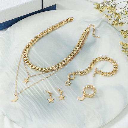 Moon Stars Pendant Necklace Bracelet Ring Earrings Jewelry Set Women Gift