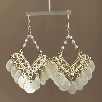 Shell Tassel Earrings Court Style Geometric Scalloped Design Fashion Jewelry