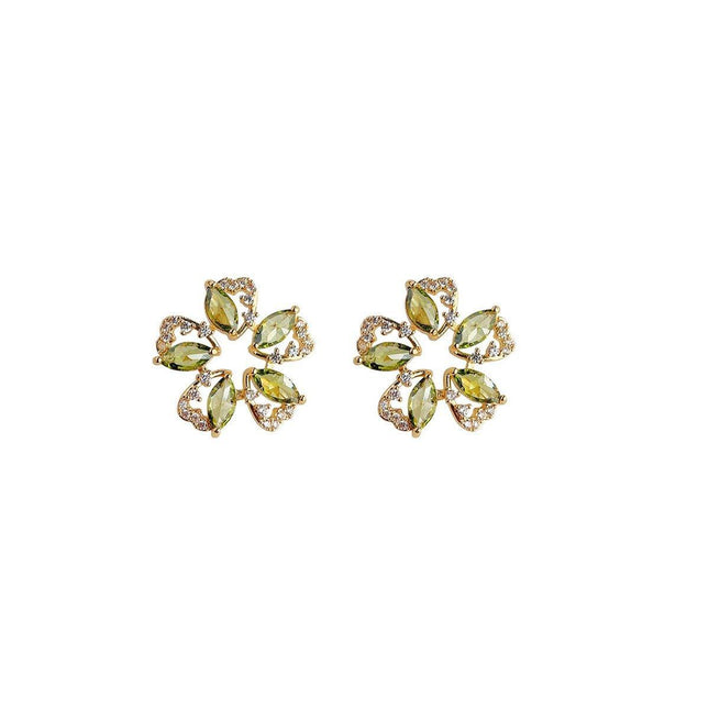 Luxury Olive Green Zircon Flower Earrings Fashion High-end Needle Earrings