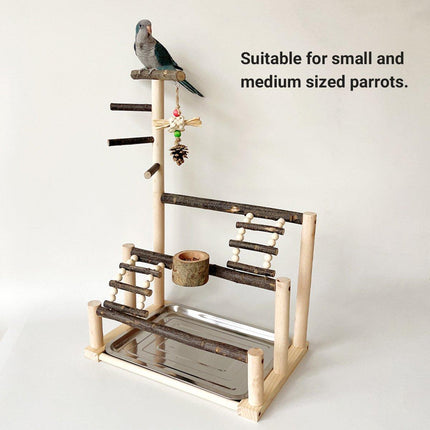 Wooden Parrot Stand Pole Interactive Bird Stand with Food Bowl Climbing Ladder