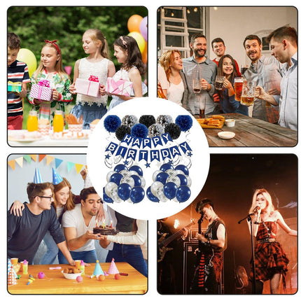 47pcs Blue Birthday Banner Balloon Set Party Decoration Blue Silver Paper Flower