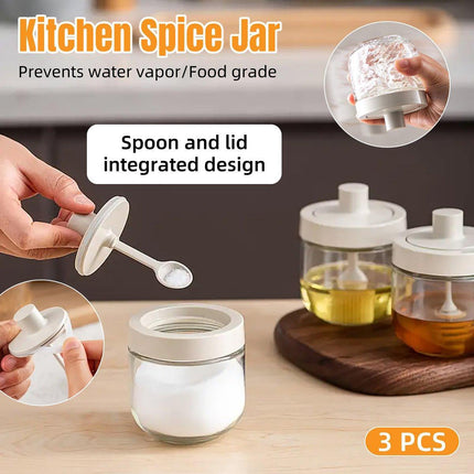 3PCS Glass Seasoning Jar with Spoon Lid Kitchen Salt Spice Storage Box Organizer