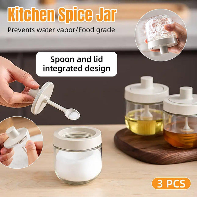3PCS Glass Seasoning Jar with Spoon Lid Kitchen Salt Spice Storage Box Organizer