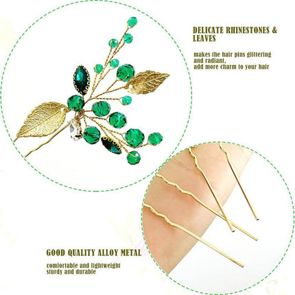 Wedding Bridal U Shaped Hairpins Emerald Green Leaf Bun Clips Women Rhinestone