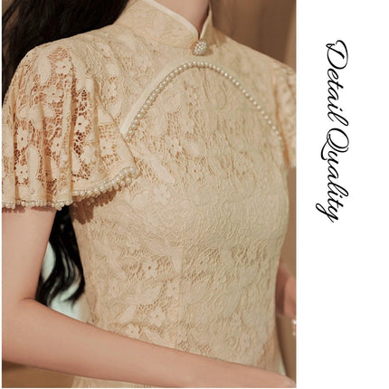 Mid-Length Lace Cheongsam Dress Retro Improved Slim-Fit Chinese Qipao Gown