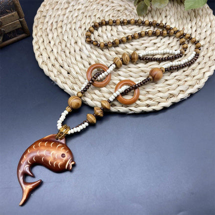 Long Wood Necklace with Fish Pendant Unique Fashion Jewelry Ornament