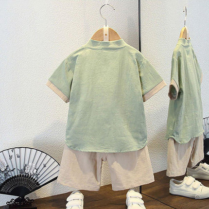 Boys Short Sleeve Suit Chinese Style Hanfu Cotton Linen Thin Two-Piece Set