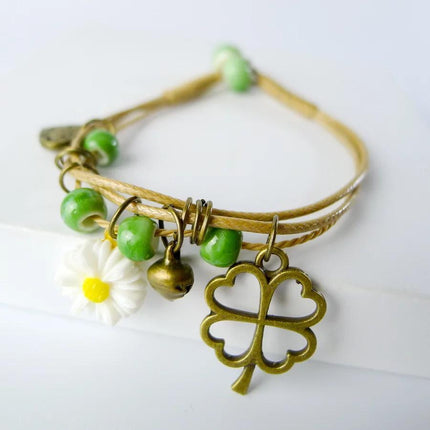 Flower Pendant Waxed Thread Rope Ceramic Beaded Wristband Bracelet Birthday Gift - Aimall