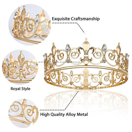 Gold King Crown Alloy Royal King Crown for Men Full Round Crowns Wedding